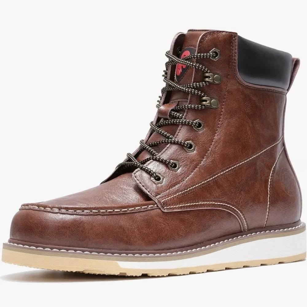 Brown Lace-Up 8.5  Toe Work Boots, Non-Slip Sole, Water-Resistant safety shoes